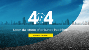 404-felsida med blått och grått tema med stadssilhuett. Texten lyder: "Sidan du letade efter kunde inte hittas," och en knapp nedanför säger: "Tillbaka till startsidan," med stadsbildsbakgrund.